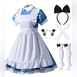 Plus Size 4XL Blue Lolita French Maid Anime Cosplay Dress Set 6PCS NWT